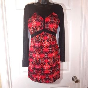 Charlotte Russe Women's Cutout Sheer Graphic Print Red Dress sz L